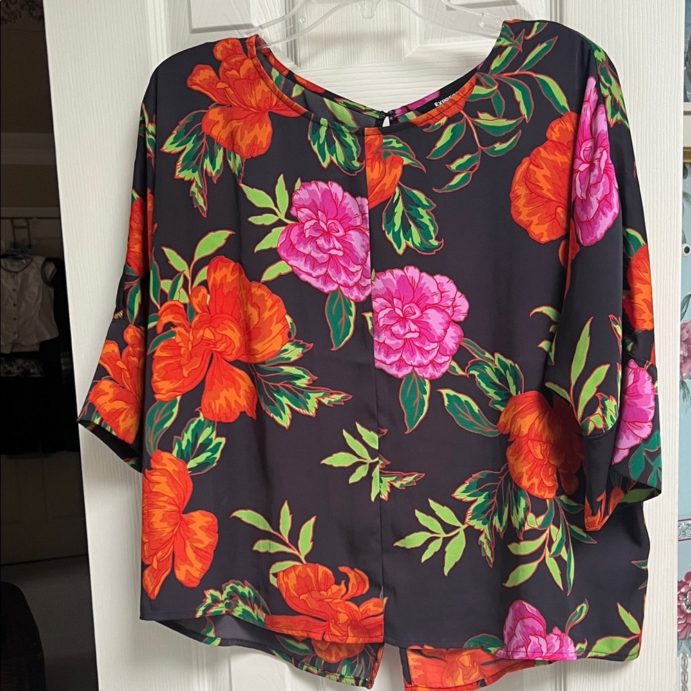 Express Black Blouse with Pink and Orange Floral Design - Size M